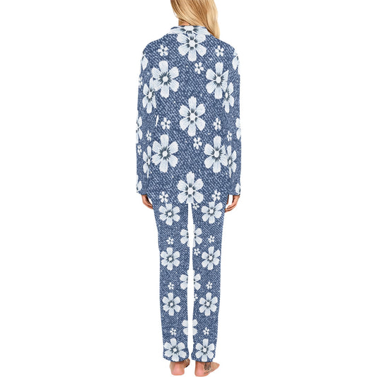 Jean Flower Pattern Print Design 03 Women's Long Pajama Set