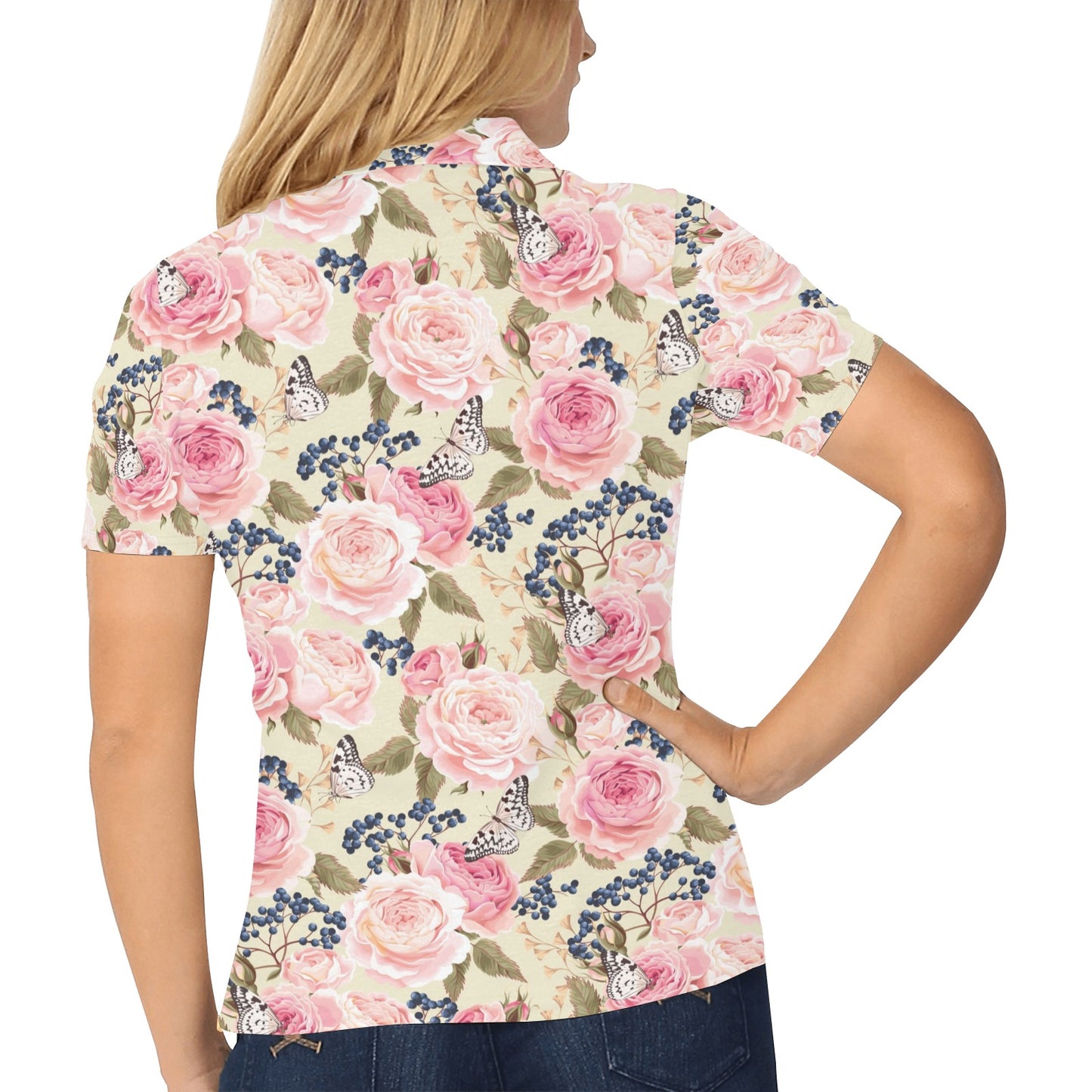 Floral Pink Butterfly Print Women's Polo Shirt