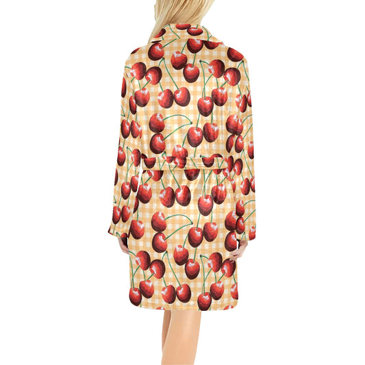 Cherry Orange Plaid Print Women's Fleece Robe