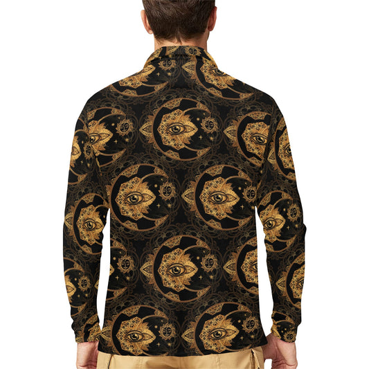 Sun Moon mandala Third eye Long Sleeve Polo Shirt For Men's