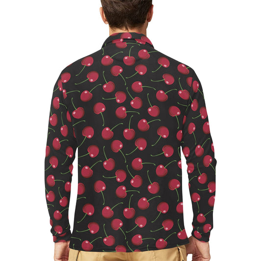 Cherry Black Background Long Sleeve Polo Shirt For Men's