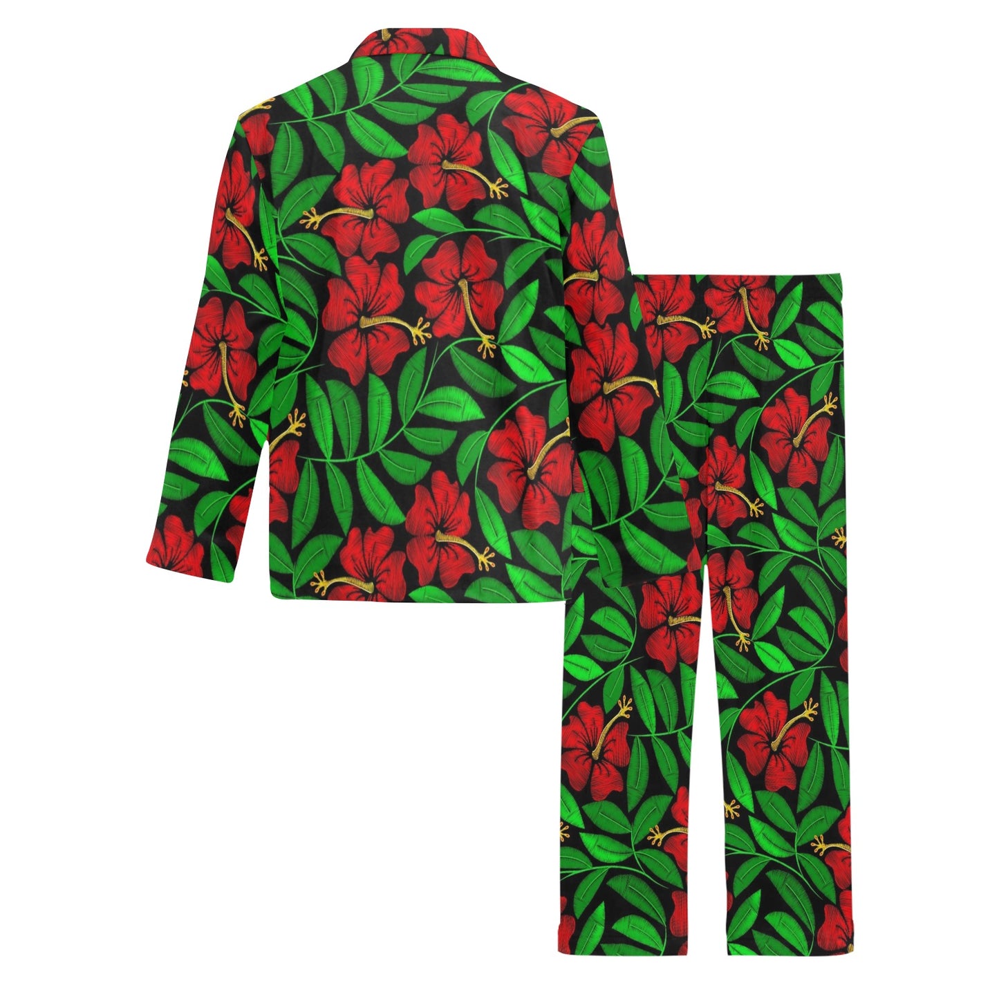 Red Hibiscus Embroidered Pattern Print Design HB032 Men's Long Pajama Set