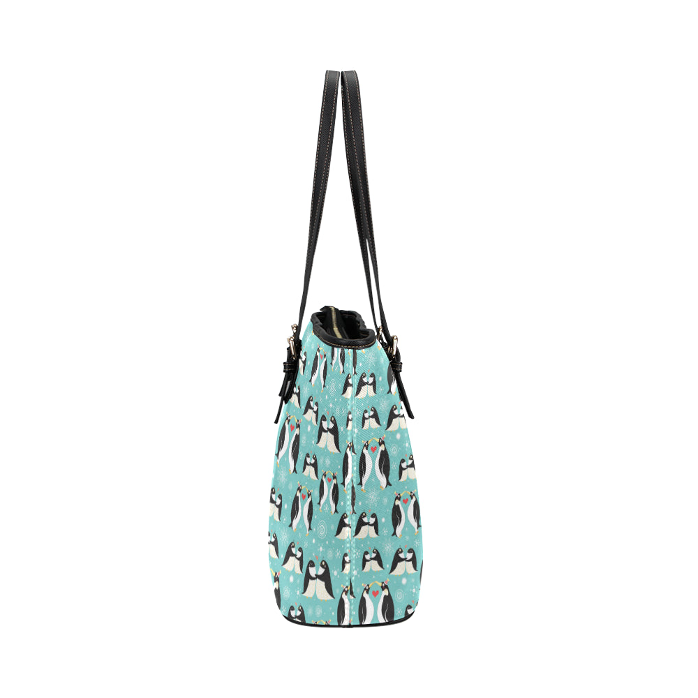 Penguin Love Print Leather Tote Bag