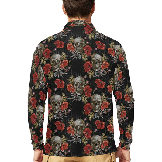 Spider Web Skull Rose Print Design LKS305 Long Sleeve Polo Shirt For Men's