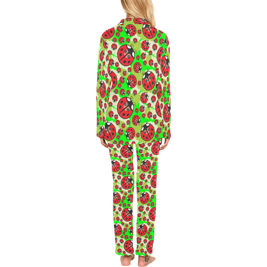 Ladybug with Leaf Print Pattern Women's Long Pajama Set