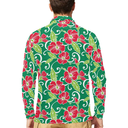 Red Hibiscus Pattern Print Design HB019 Long Sleeve Polo Shirt For Men's