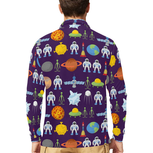 Alien Astronaut Planet Long Sleeve Polo Shirt For Men's