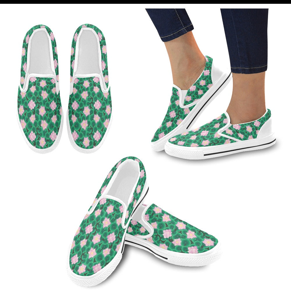 Water Lily Print Design LKS303 White Slip Ons Canvas Women's Shoes