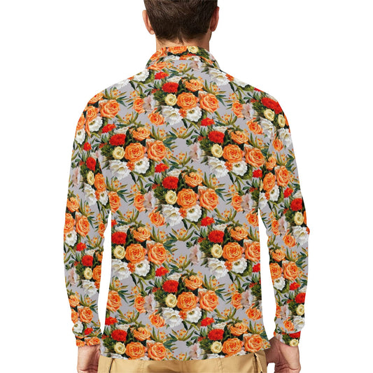 Lisianthus Pattern Print Design LT04 Long Sleeve Polo Shirt For Men's