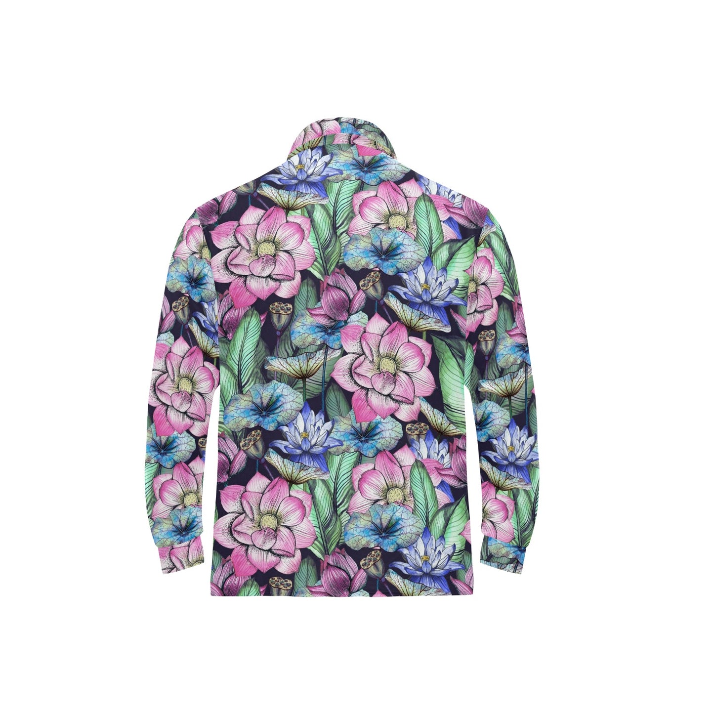 Water Lily Pattern Print Design WL07 Long Sleeve Polo Shirt For Men's