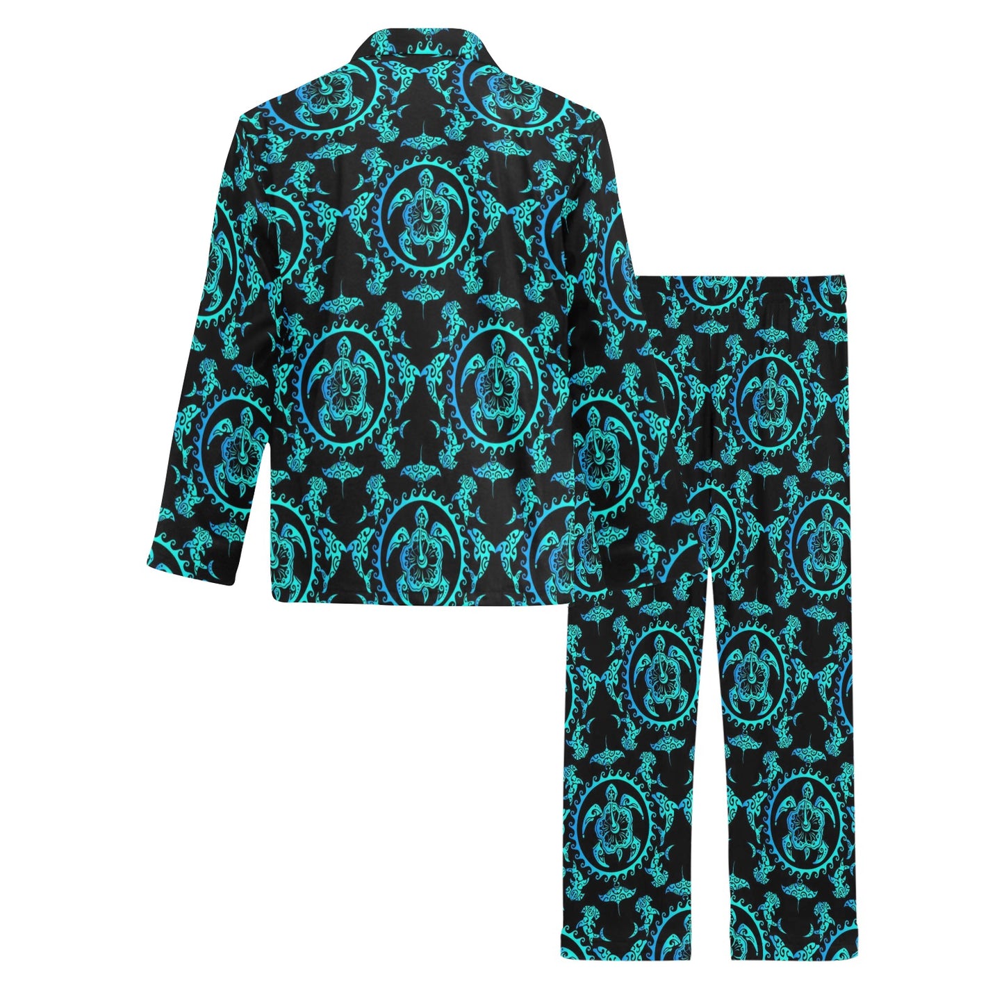 turquoise Tribal Sea Turtle Hawaiian Men's Long Pajama Set