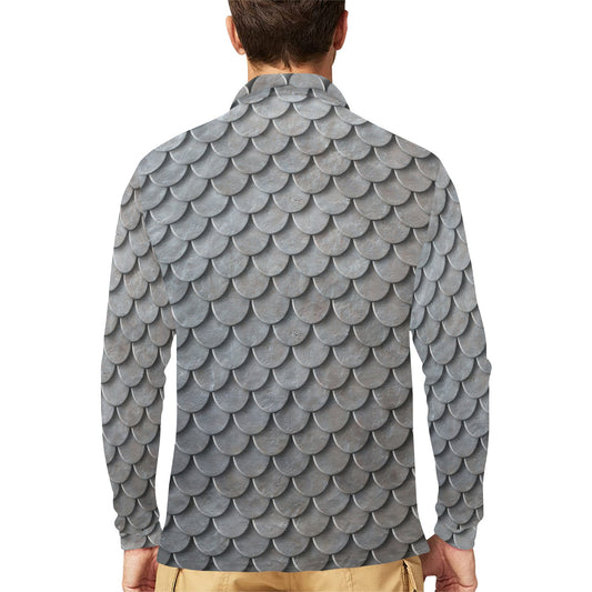 Armor Scales Pattern Print Design 03 Long Sleeve Polo Shirt For Men's