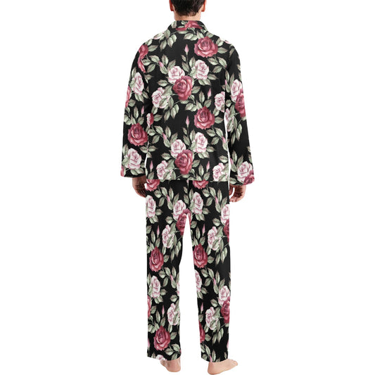 Rose Red Pink Pattern Print Design RO03 Men's Long Pajama Set