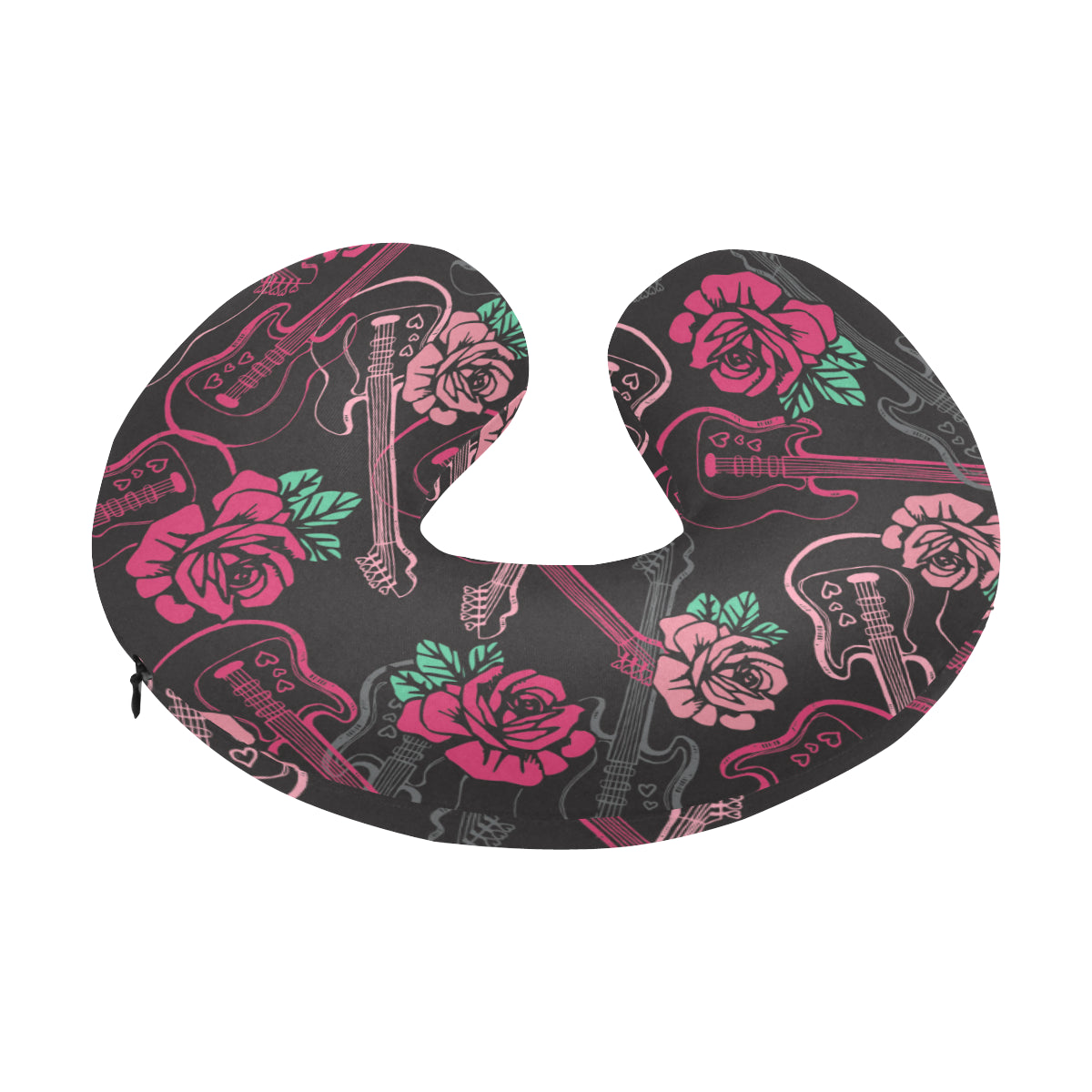 Bass Guitar Pink Rose Pattern Print Design 01 U-Shaped Travel Neck Pillow