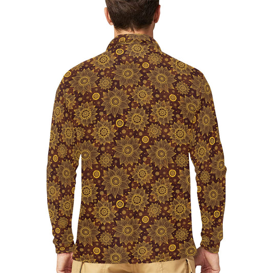 Gold Sunflower Hand Drawn Print Long Sleeve Polo Shirt For Men's