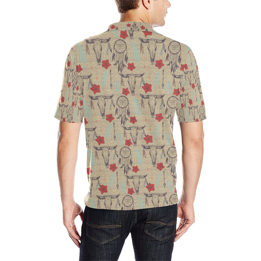 Native Buffalo Head Themed Design Print Men Polo Shirt