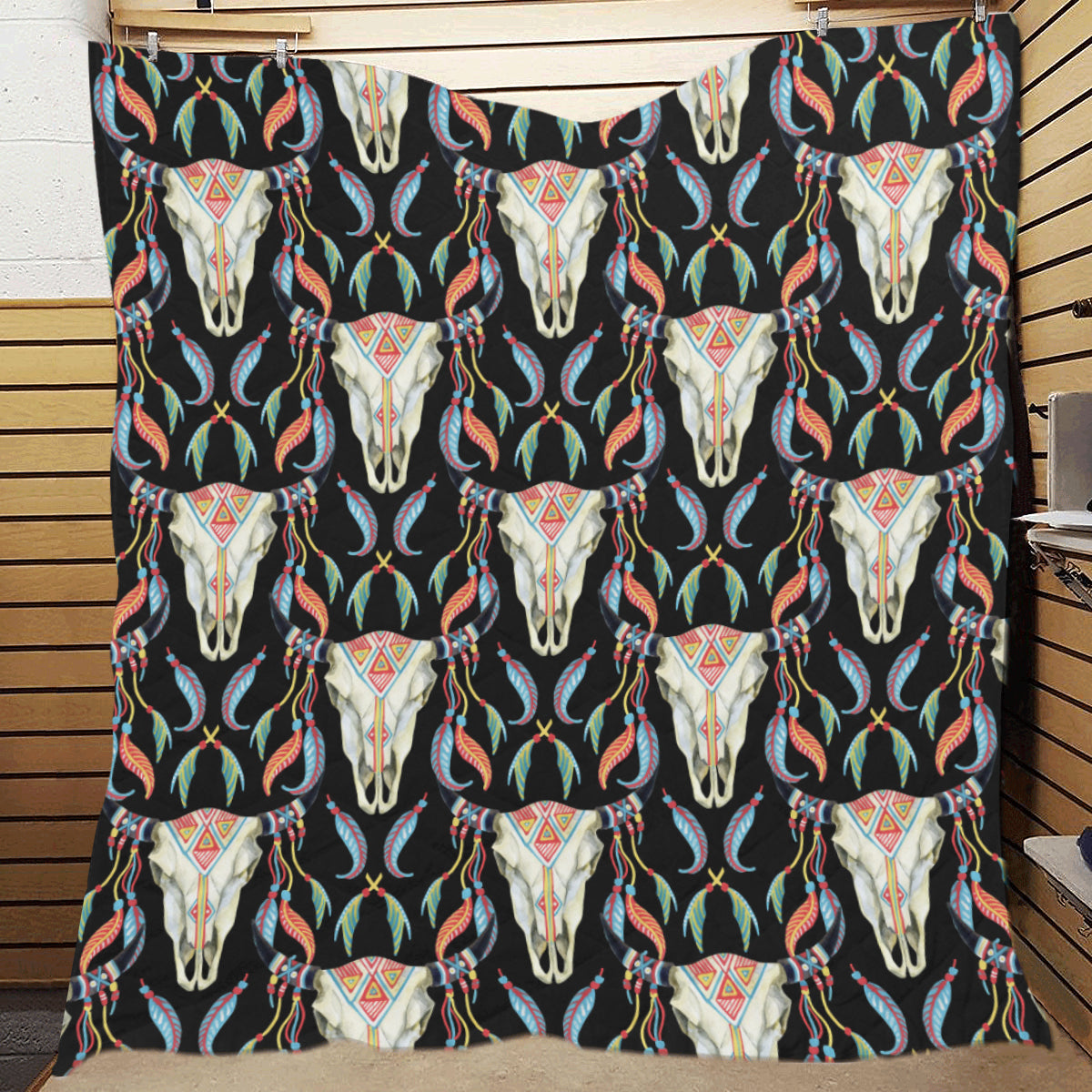 Buffalo Head Boho Style Pattern Print Design 01 Premium Quilt