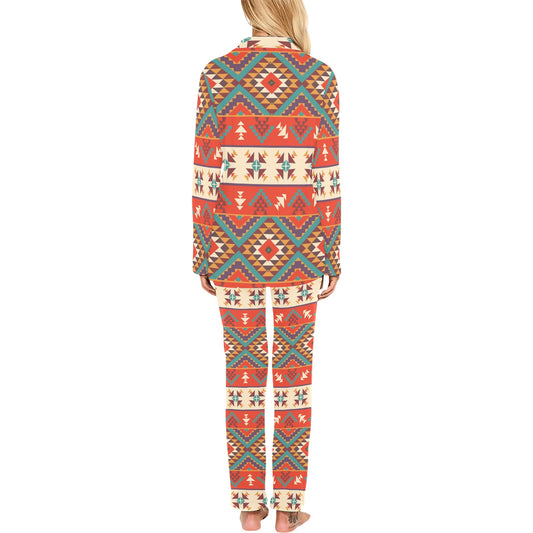 Aztec Red Print Pattern Women's Long Pajama Set
