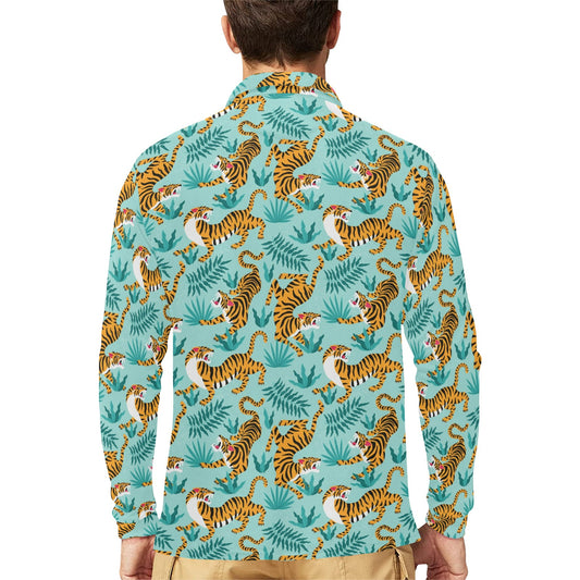 Tiger Print Design LKS304 Long Sleeve Polo Shirt For Men's