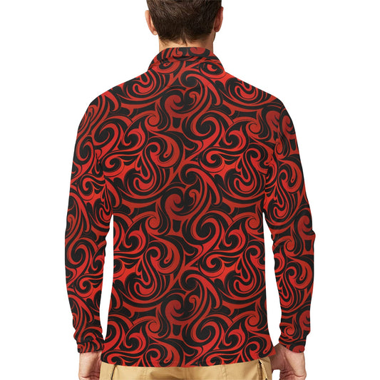 Maori Red Black Themed Design Long Sleeve Polo Shirt For Men's