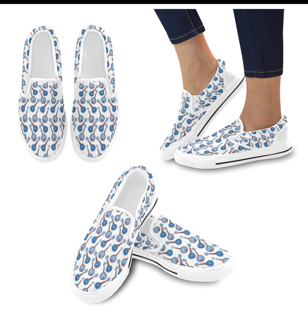 Banjo Print Design LKS401 White Slip Ons Canvas Women's Shoes