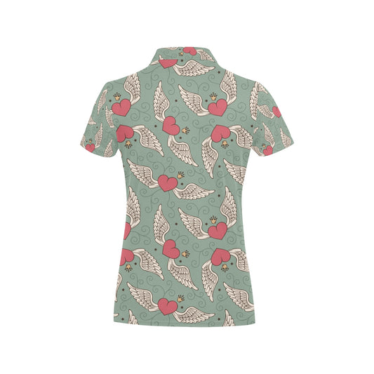 Angel Wings Heart Design Themed Print Women's Polo Shirt