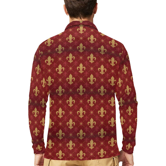 Fleur De Lis Print Design LKS401 Long Sleeve Polo Shirt For Men's