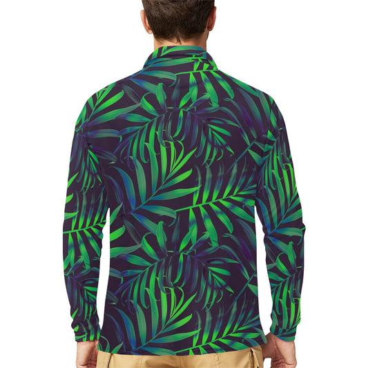 Palm Leaves Pattern Print Design PL01 Long Sleeve Polo Shirt For Men's