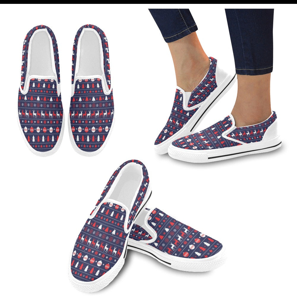Reindeer Print Design LKS404 White Slip Ons Canvas Women's Shoes