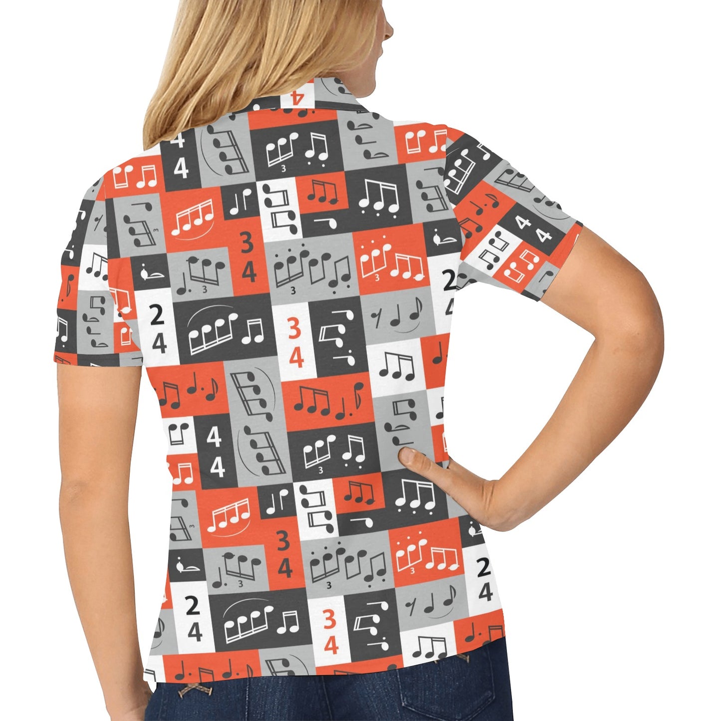 Music Note Design Themed Print Women's Polo Shirt