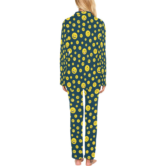 Smiley Face Emoji Print Design LKS301 Women's Long Pajama Set