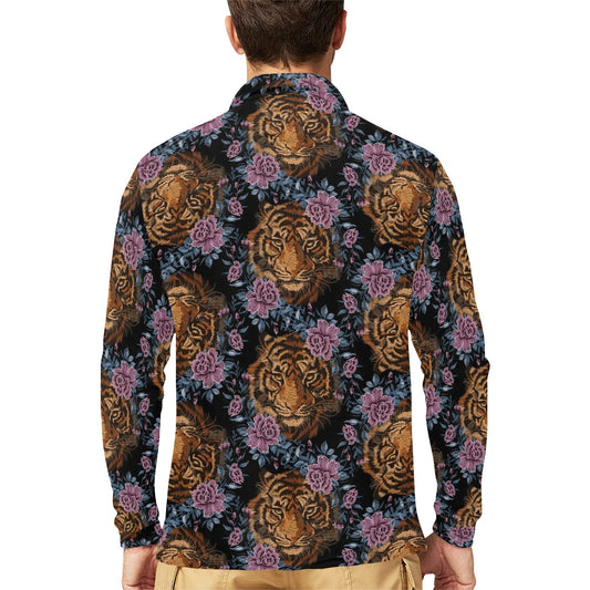 Tiger Head Floral Long Sleeve Polo Shirt For Men's