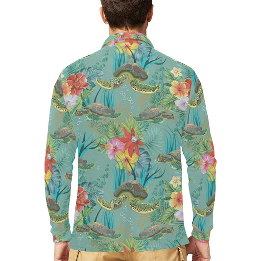 Sea Turtle Pattern Print Design T012 Long Sleeve Polo Shirt For Men's