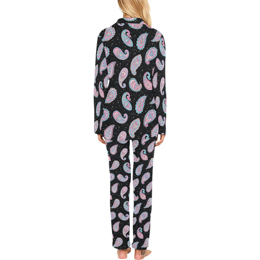 Paisley Pink Design Mandala Print Women's Long Pajama Set