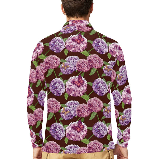 Hydrangea Pattern Print Design HD08 Long Sleeve Polo Shirt For Men's