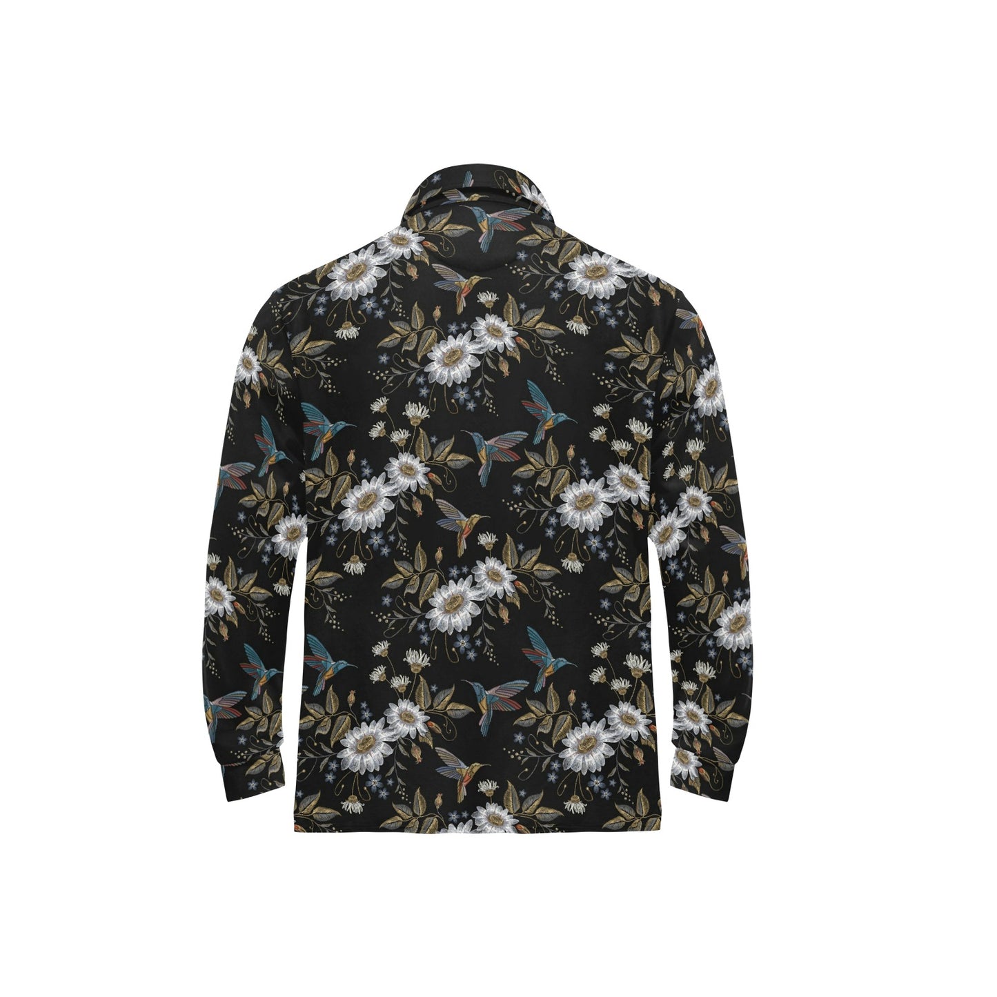 Hummingbird with Embroidery Themed Print Long Sleeve Polo Shirt For Men's