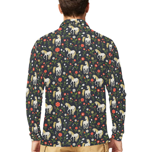Unicorn Print Design LKS301 Long Sleeve Polo Shirt For Men's