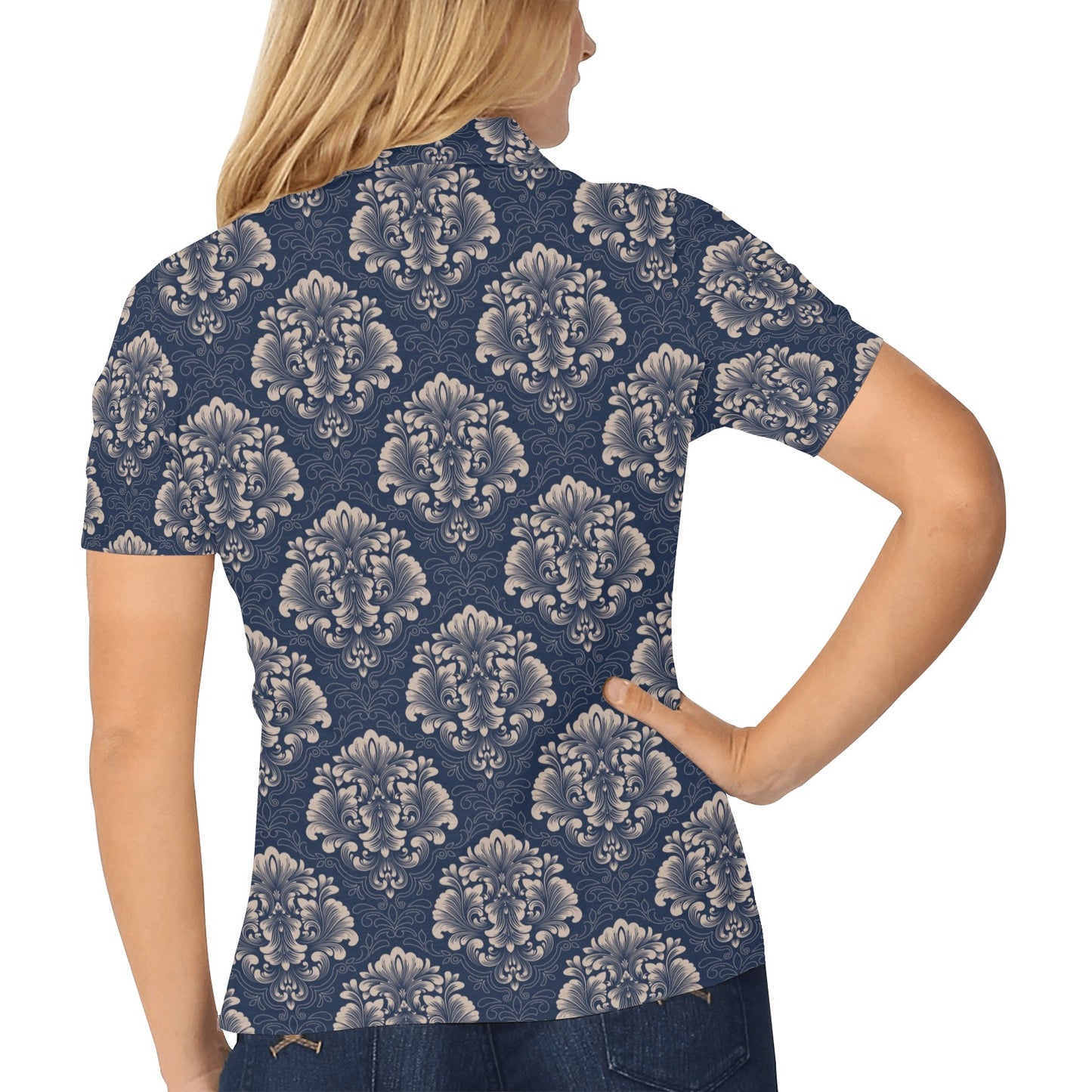 Damask Blue Luxury Print Pattern Women's Polo Shirt