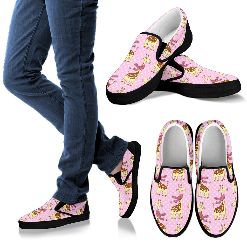 Giraffe Cute Pink Polka Dot Print Men Slip Ons Shoes