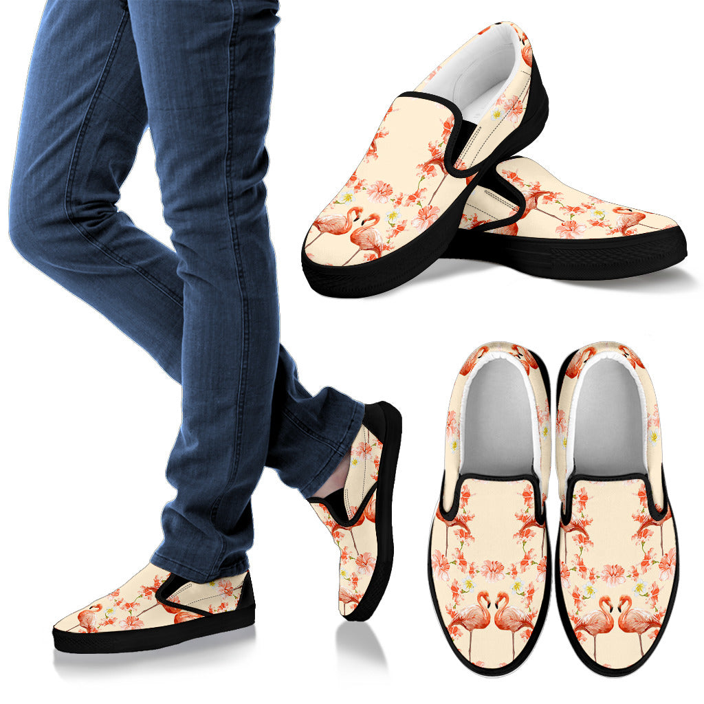 Flamingo Hibiscus Print Pattern Men Slip Ons Shoes