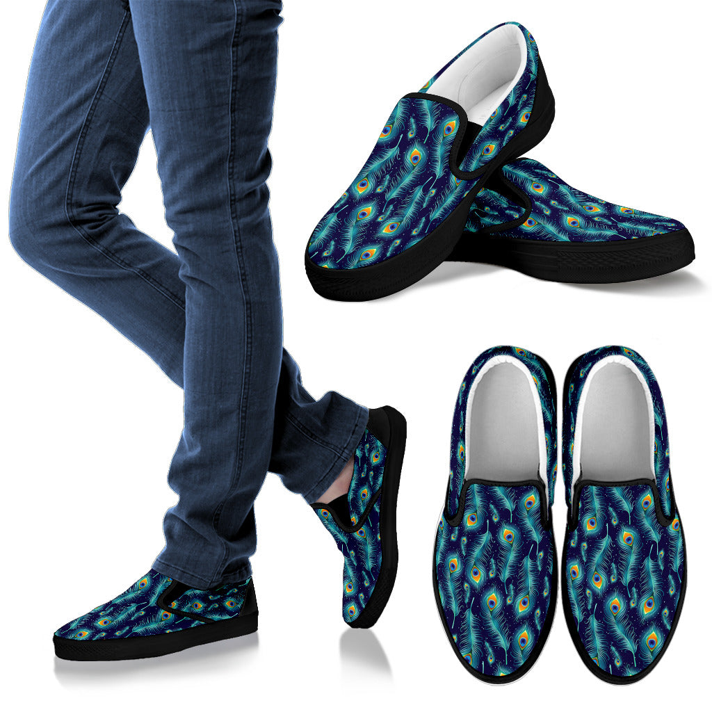 Peacock Feather Blue Design Print Men Slip Ons Shoes