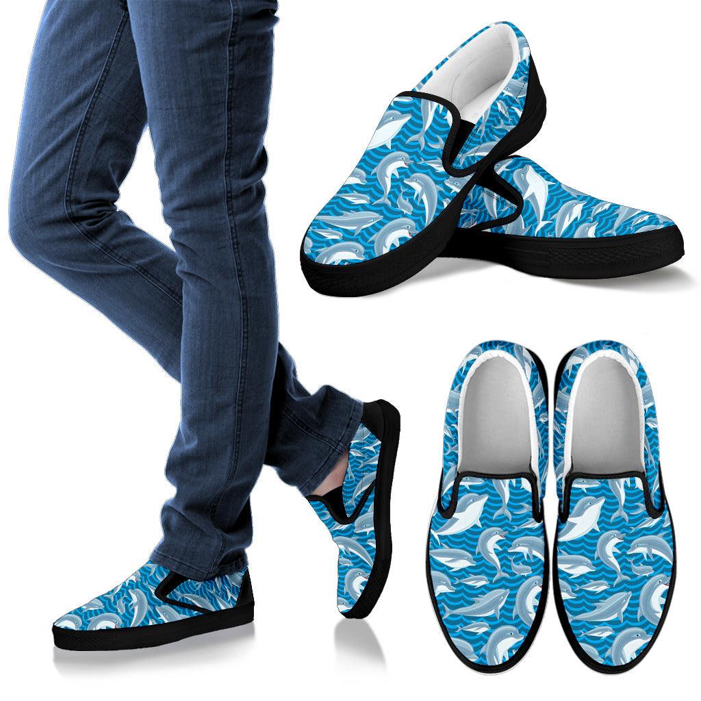 Dolphin Cute Print Pattern Men Slip Ons Shoes