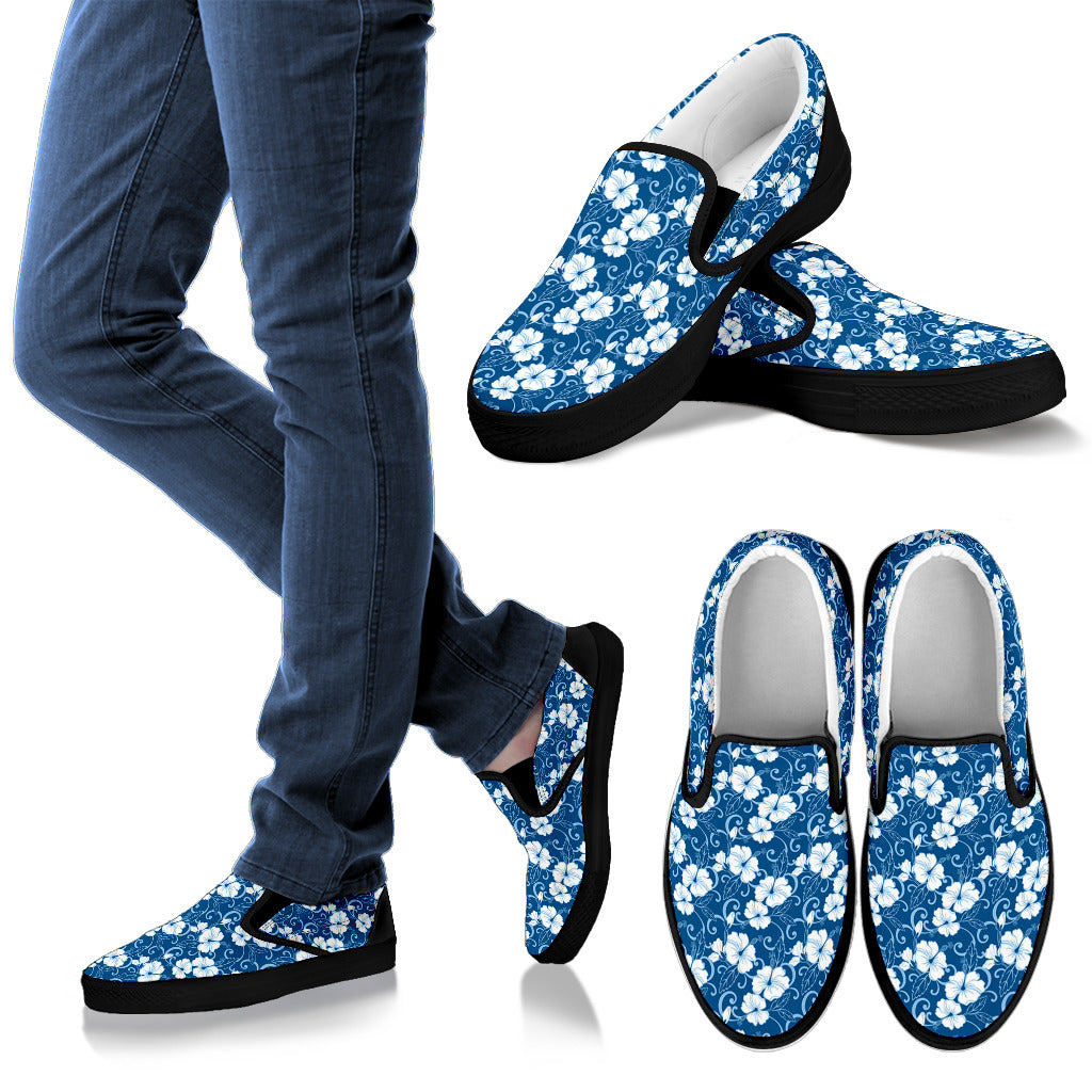 Hibiscus Blue Flower Hawaiian Print Men Slip Ons Shoes