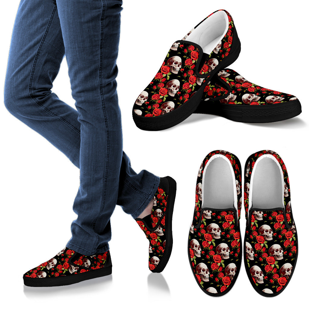 Red Rose Skull Design Print Men Slip Ons Shoes