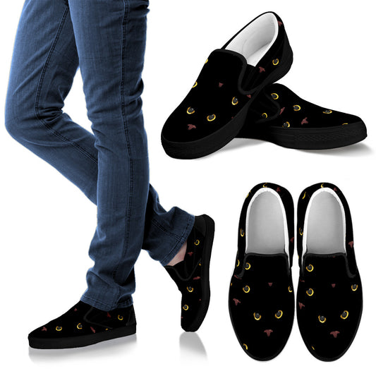 Black Cat Face Print Pattern Men Slip Ons Shoes