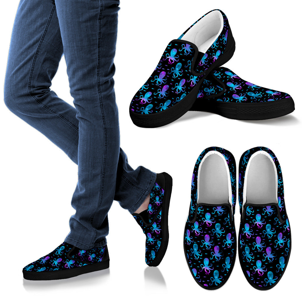 Octopus Blue Design Print Themed Men Slip Ons Shoes