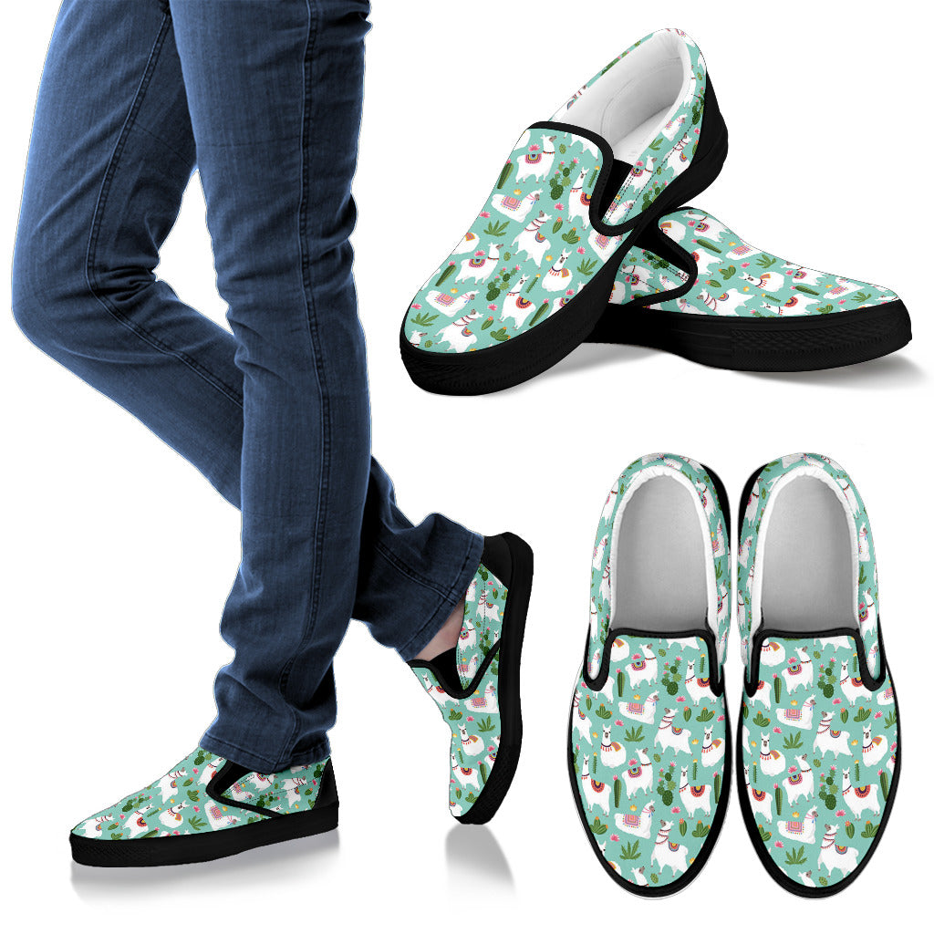 Llama with Cactus Themed Print Men Slip Ons Shoes