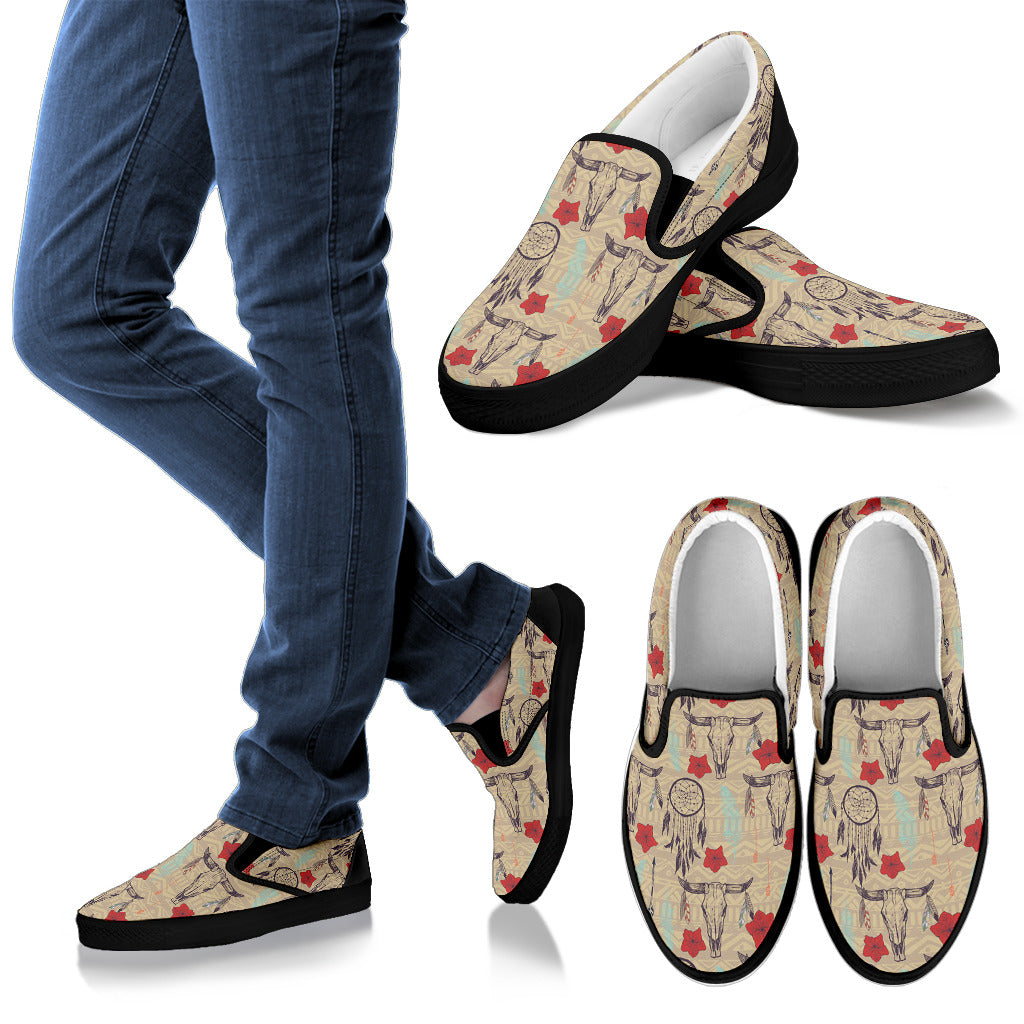 Native Buffalo Head Themed Design Print Men Slip Ons Shoes