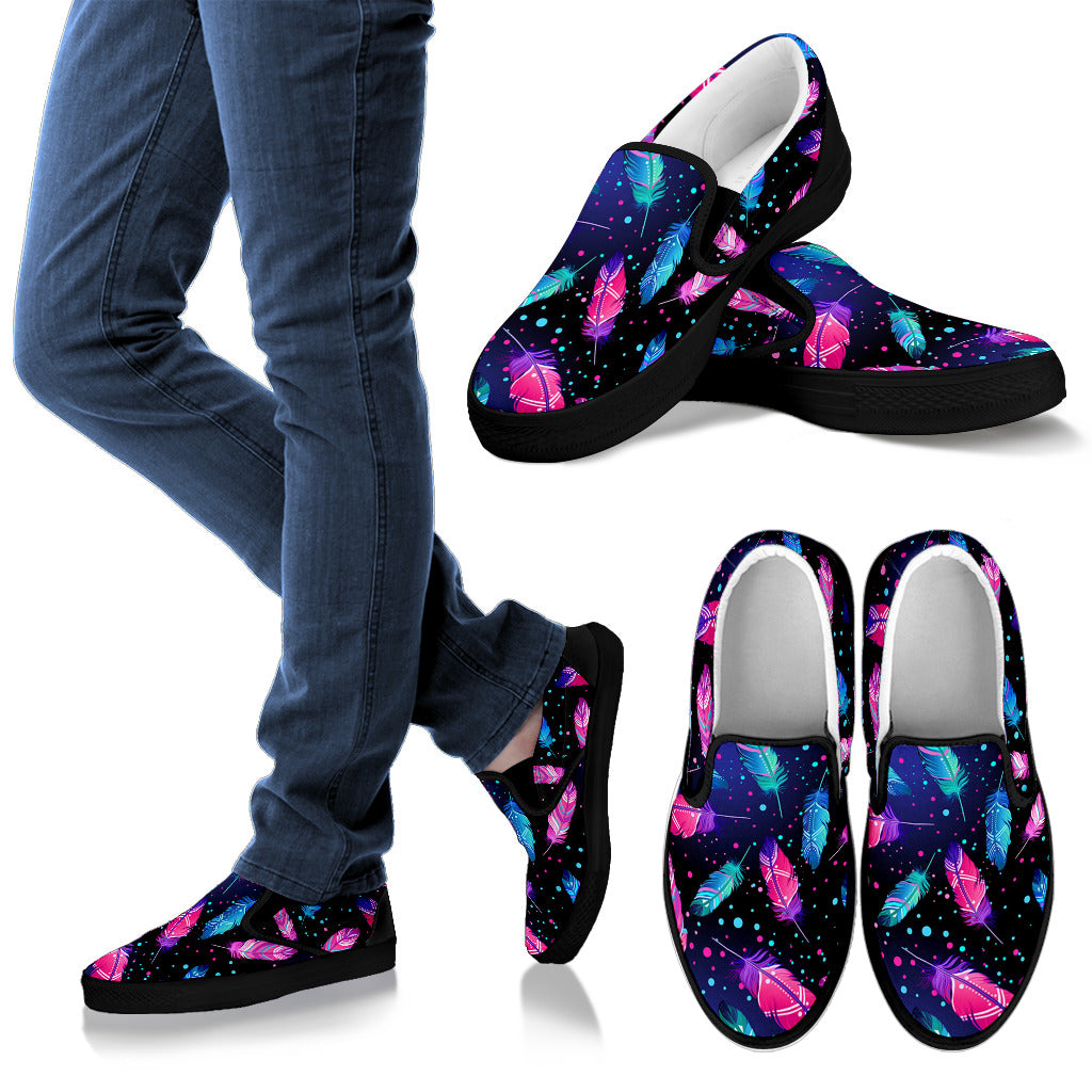 Feather Colorful Boho Design Print Men Slip Ons Shoes