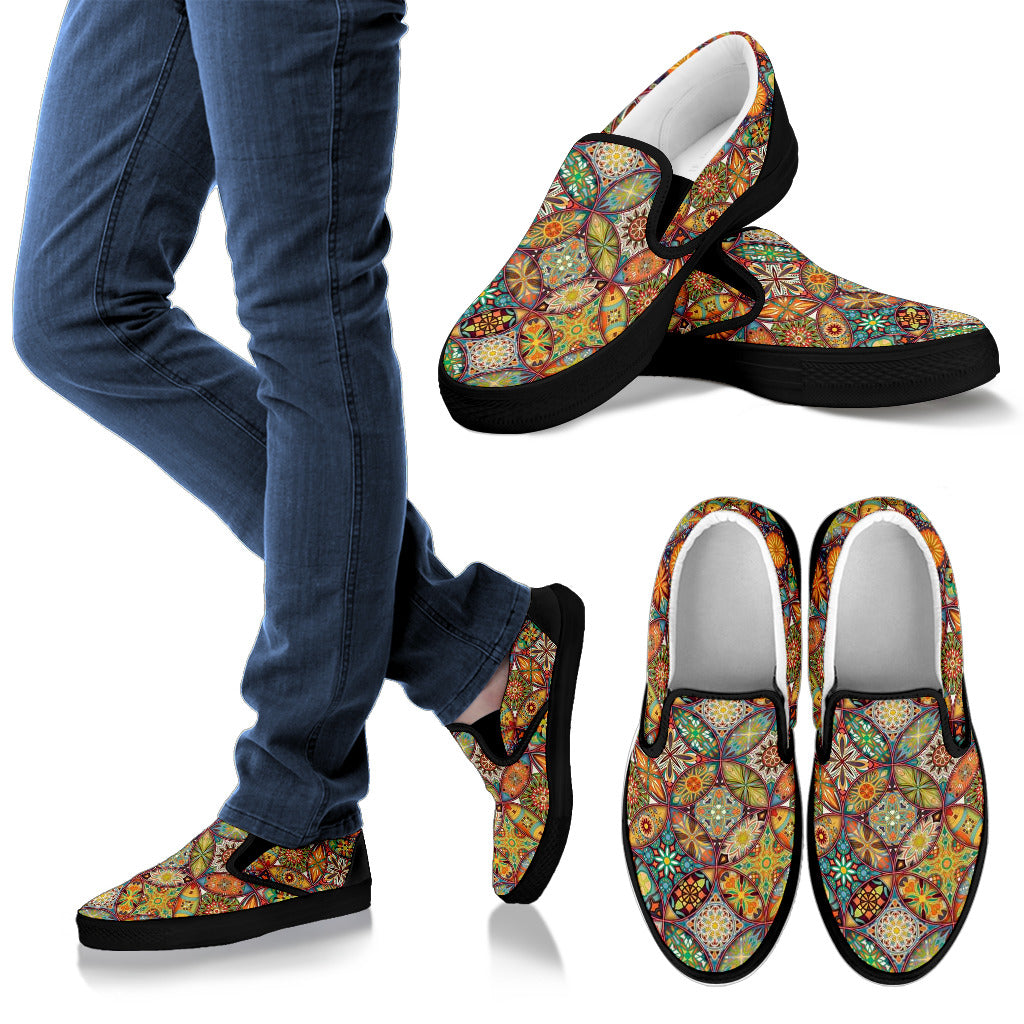Mandala Flower Themed Design Print Men Slip Ons Shoes